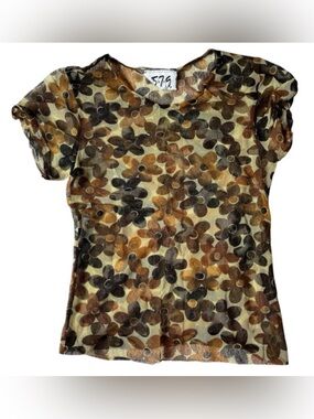 VINTAGE 579 BROWN SHEER FLOWER TOP SMALL WOMENS